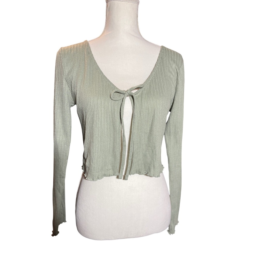 Y2K Wallflower Sage Green Ribbed Front Tie‎ Lettuce Trim Fairy Cropped Cardigan